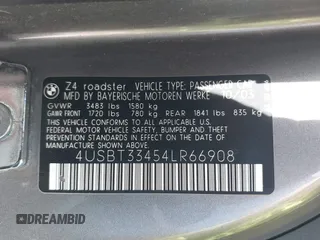 2004 BMW Z4 2.5i with VIN 4USBT33454LR66908, listed as a IAAI auction lot 42013003 with 71,368 mi miles and . Bid and sale history available at DreamBid. Image 9.