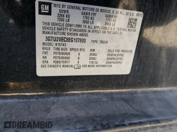 2014 GMC Sierra 1500 SLT with VIN 3GTU2VEC8EG107800, listed as a Copart auction lot 58383475 with 88,363 mi miles and Salvage title. Bid and sale history available at DreamBid. Image 12.