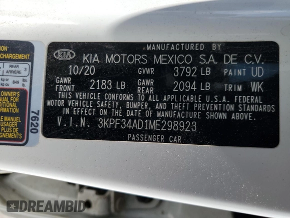2021 Kia Forte GT-Line with VIN 3KPF34AD1ME298923, listed as a Copart auction lot 50998005 with 63,109 mi miles and Salvage Title. Bid and sale history available at carsss.com. Image 13.