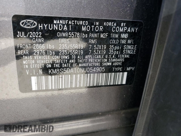 2022 Hyundai Santa Fe Hybrid Limited with VIN KM8S5DA10NU054905, listed as a Copart auction lot 67409854 with 11,422 mi miles and Salvage Title. Bid and sale history available at carsss.com. Image 13.