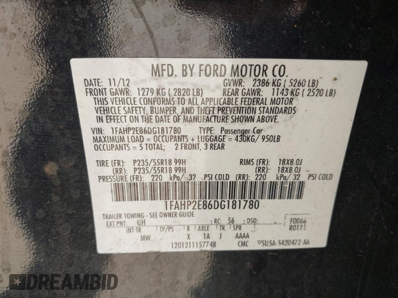 2013 Ford Taurus SEL z VIN 1FAHP2E86DG181780, wystawiony jako IAAI lot #41874666 z przebiegiem 133 175 mil mil oraz . Historia ofert i sprzedaży dostępna na DreamBid. Obrazek 9.