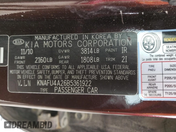 2011 Kia Forte EX with VIN KNAFU4A26B5361922, listed as a Copart auction lot 54936544 with 155,406 mi miles and Salvage Title. Bid and sale history available at carsss.com. Image 12.