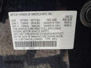 2020 Acura MDX with VIN 5J8YD4H33LL038825, listed as a IAAI auction lot 40695735 with 1 mi miles. Bid and sale history available at carsss.com. Image 9.