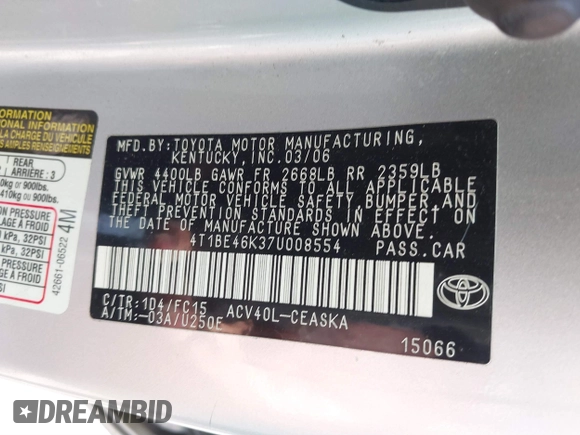 2007 Toyota Camry CE with VIN 4T1BE46K37U008554, listed as a IAAI auction lot 41861902 with 201,411 mi miles and . Bid and sale history available at DreamBid. Image 9.