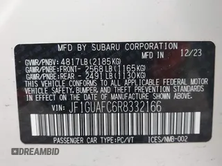 2024 Subaru Impreza Sport with VIN JF1GUAFC6R8332166, listed as a IAAI auction lot 41727239 with 16,057 mi miles. Bid and sale history available at carsss.com. Image 9.
