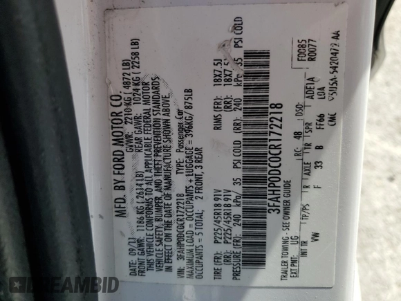 2012 Ford Fusion SPORT with VIN 3FAHP0DC0CR172218, listed as a Copart auction lot 46711535 with 289,274 mi miles and Salvage Title. Bid and sale history available at carsss.com. Image 13.