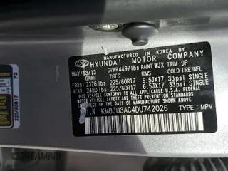 2013 Hyundai Tucson GLS with VIN KM8JU3AC4DU742026, listed as a Copart auction lot 54589255 with 251,661 mi miles and Clean Title. Bid and sale history available at carsss.com. Image 12.