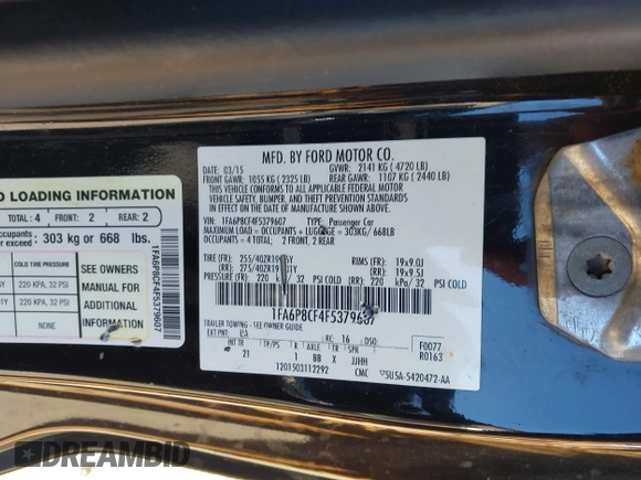 2015 Ford Mustang GT with VIN 1FA6P8CF4F5379607, listed as a IAAI auction lot 42039187 with 75,587 mi miles and . Bid and sale history available at carsss.com. Image 9.