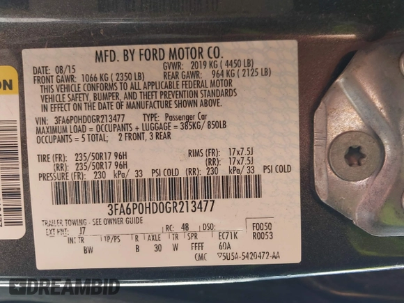 2016 Ford Fusion SE with VIN 3FA6P0HD0GR213477, listed as a IAAI auction lot 41675586 with 108,567 mi miles. Bid and sale history available at carsss.com. Image 9.