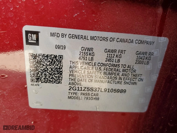 2020 Chevrolet Impala LT with VIN 2G11Z5S37L9105989, listed as a Copart auction lot 44718735 with 68,240 mi miles and Salvage Title. Bid and sale history available at carsss.com. Image 12.