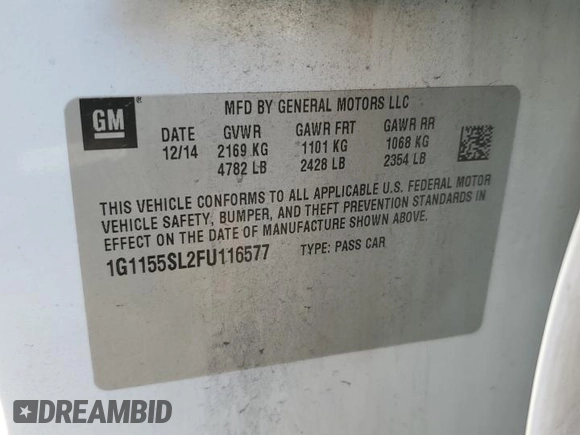 2015 Chevrolet Impala LTZ with VIN 1G1155SL2FU116577, listed as a Copart auction lot 82991494 with Not Provided miles and Salvage Title. Bid and sale history available at DreamBid. Image 12.