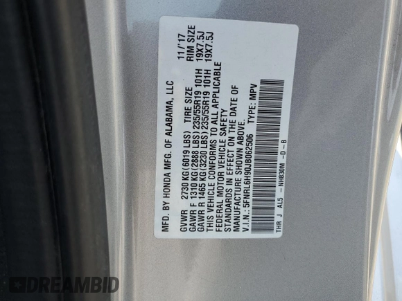 2018 Honda Odyssey Elite with VIN 5FNRL6H90JB062506, listed as a Copart auction lot 60336075 with 44,667 mi miles and Salvage title. Bid and sale history available at DreamBid. Image 13.