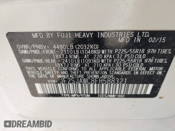 2015 Subaru Forester Touring with VIN JF2SJAWC8FH588321, listed as a IAAI auction lot 42689364 with 103,642 mi miles and . Bid and sale history available at DreamBid. Image 9.