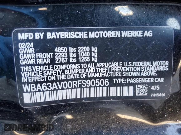 2024 BMW 4 Series 430i with VIN WBA63AV00RFS90506, listed as a Copart auction lot 77158134 with Not Provided miles and Non Repairable. Bid and sale history available at carsss.com. Image 13.