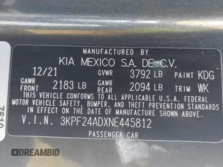 2022 Kia Forte LXS with VIN 3KPF24ADXNE445812, listed as a IAAI auction lot 40752513 with 0 mi miles. Bid and sale history available at carsss.com. Image 9.