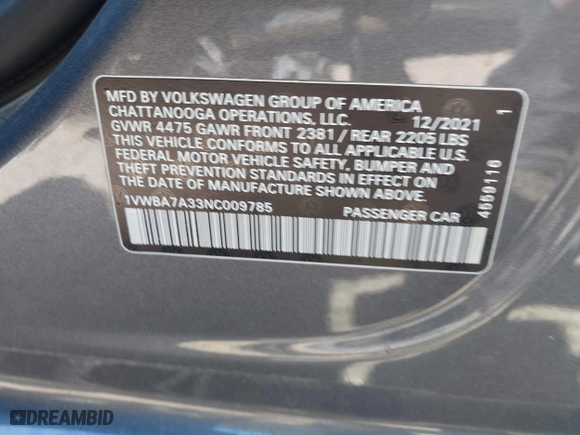 2022 Volkswagen Passat 2.0T Limited Edition with VIN 1VWBA7A33NC009785, listed as a IAAI auction lot 41639005 with 69,484 mi miles. Bid and sale history available at carsss.com. Image 9.