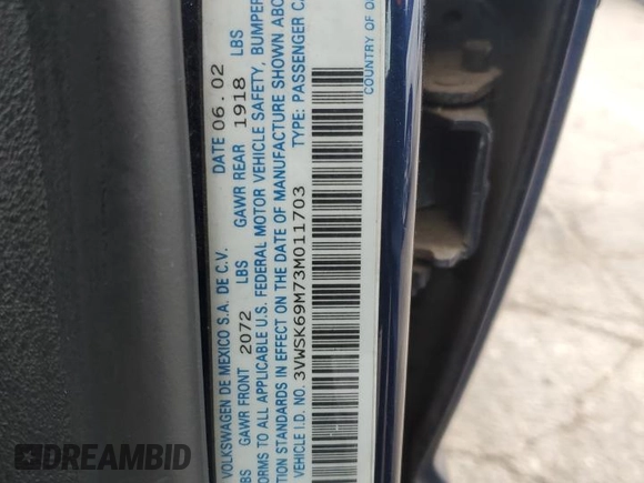 2003 Volkswagen Jetta GLS с VIN 3VWSK69M73M011703, выставлен на аукционе Copart как лот 52182345 с пробегом 193 874 миль миль и Списание • Salvage title. История ставок и продаж доступна на DreamBid. Изображение 12.