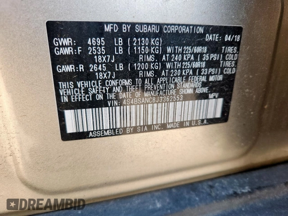2018 Subaru Outback Limited z VIN 4S4BSANC8J3362553, wystawiony jako Copart lot #63843625 z przebiegiem 96 521 mil mil oraz Szkoda całkowita • Salvage title. Historia ofert i sprzedaży dostępna na DreamBid. Obrazek 14.