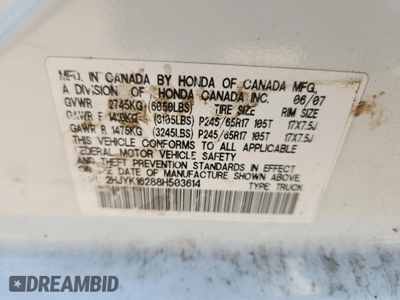 2008 Honda Ridgeline RT с VIN 2HJYK16288H503614, выставлен на аукционе Copart как лот 65166215 с пробегом 230 998 миль миль и Списание • Salvage title. История ставок и продаж доступна на DreamBid. Изображение 12.