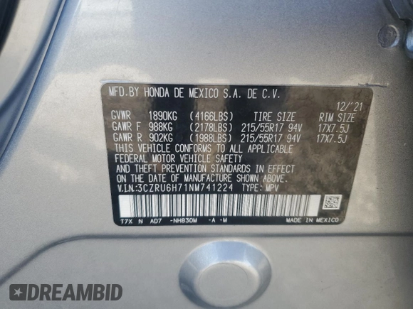 2022 Honda HR-V EX-L with VIN 3CZRU6H71NM741224, listed as a Copart auction lot 49439515 with 27,961 mi miles and Salvage Title. Bid and sale history available at carsss.com. Image 14.