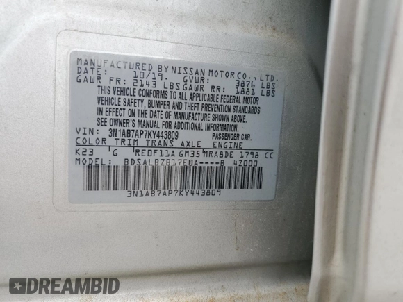 2019 Nissan Sentra SV z VIN 3N1AB7AP7KY443809, wystawiony jako Copart lot #56751885 z przebiegiem 104 974 mil mil oraz Szkoda całkowita • Salvage title. Historia ofert i sprzedaży dostępna na DreamBid. Obrazek 13.