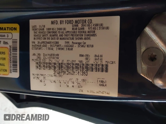 2019 Ford Fusion SEL with VIN 3FA6P0CD6KR145380, listed as a IAAI auction lot 40911980 with 58,825 mi miles. Bid and sale history available at carsss.com. Image 9.
