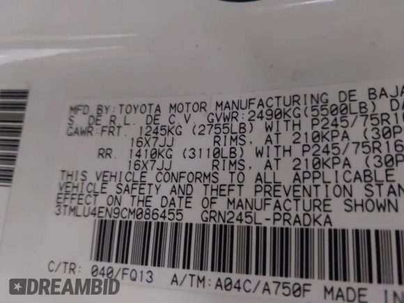 2012 Toyota Tacoma с VIN 3TMLU4EN9CM086455, выставлен на аукционе IAAI как лот 41398671 с пробегом 241 138 миль миль и . История ставок и продаж доступна на DreamBid. Изображение 9.
