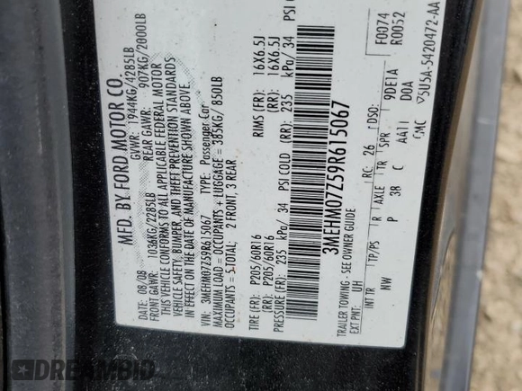 2009 Mercury Milan with VIN 3MEHM07Z59R615067, listed as a Copart auction lot 44774635 with 181,177 mi miles and Salvage title. Bid and sale history available at DreamBid. Image 12.