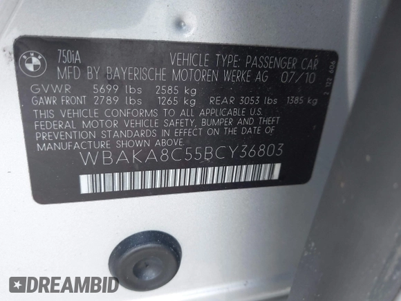 2011 BMW 7 Series 750i with VIN WBAKA8C55BCY36803, listed as a IAAI auction lot 42138401 with 85,464 mi miles. Bid and sale history available at carsss.com. Image 9.