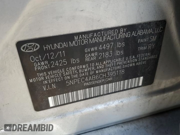 2012 Hyundai Sonata Limited with VIN 5NPEC4AB6CH395118, listed as a Copart auction lot 46399595 with 251,026 mi miles and Salvage Title. Bid and sale history available at DreamBid. Image 12.