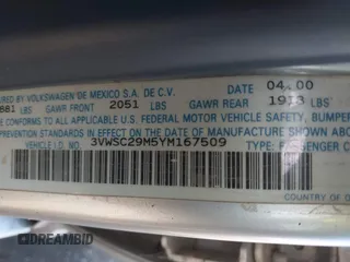 2000 Volkswagen Jetta z VIN 3VWSC29M5YM167509, wystawiony jako IAAI lot #42137350 z przebiegiem 168 759 mil mil oraz . Historia ofert i sprzedaży dostępna na DreamBid. Obrazek 9.
