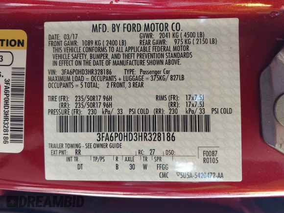 2017 Ford Fusion SE with VIN 3FA6P0HD3HR328186, listed as a IAAI auction lot 41692200 with 44,294 mi miles. Bid and sale history available at carsss.com. Image 9.
