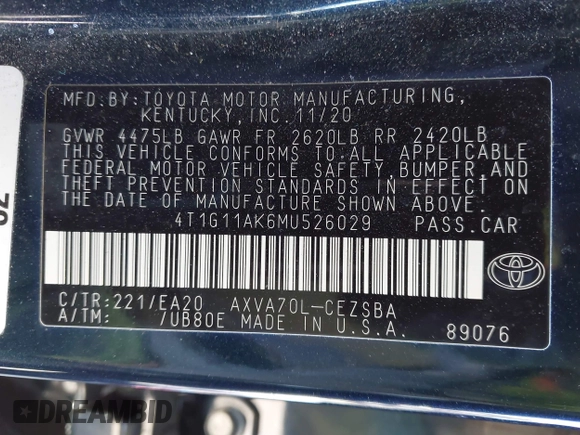 2021 Toyota Camry SE Nightshade with VIN 4T1G11AK6MU526029, listed as a IAAI auction lot 41626272 with 82,987 mi miles and . Bid and sale history available at DreamBid. Image 9.