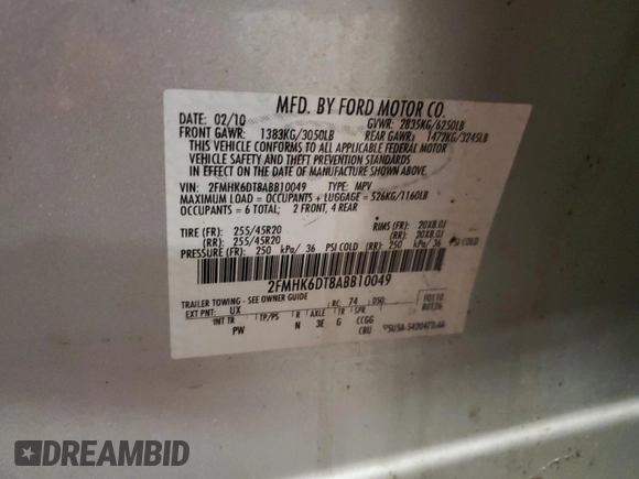2010 Ford Flex Limited w/Ecoboost with VIN 2FMHK6DT8ABB10049, listed as a Copart auction lot 88779835 with 0 mi miles and Salvage Title. Bid and sale history available at carsss.com. Image 15.