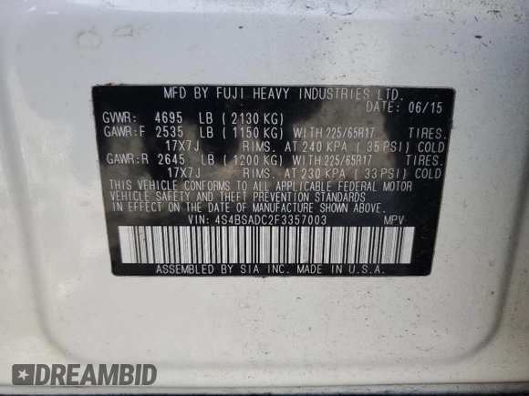2015 Subaru Outback Premium with VIN 4S4BSADC2F3357003, listed as a Copart auction lot 58920125 with 196,786 mi miles and Salvage title. Bid and sale history available at DreamBid. Image 12.