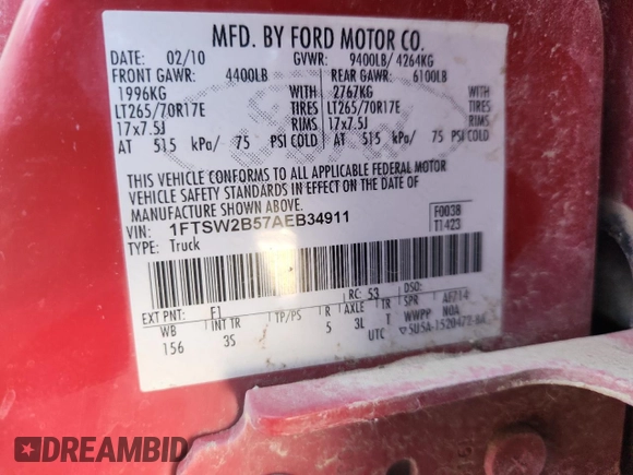 2010 Ford F-250 XL with VIN 1FTSW2B57AEB34911, listed as a Copart auction lot 64214225 with Not provided miles and Clean title. Bid and sale history available at DreamBid. Image 13.