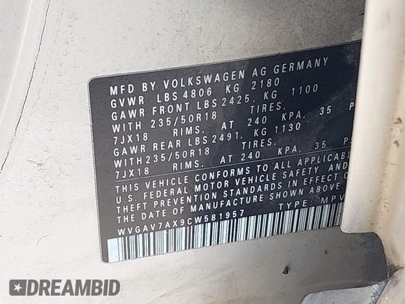 2012 Volkswagen Tiguan SE with VIN WVGAV7AX9CW581957, listed as a IAAI auction lot 42407148 with 135,553 mi miles and . Bid and sale history available at DreamBid. Image 9.