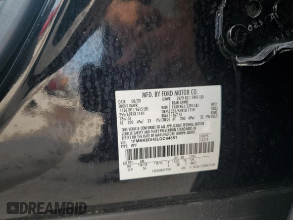 2020 Ford Explorer XLT with VIN 1FMSK8DH5LGC44851, listed as a Copart auction lot 47213915 with 34,007 mi miles and Salvage Title. Bid and sale history available at carsss.com. Image 13.