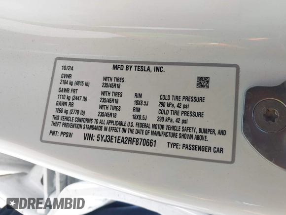 2024 Tesla Model 3 with VIN 5YJ3E1EA2RF870661, listed as a IAAI auction lot 41562281 with 3,407 mi miles. Bid and sale history available at carsss.com. Image 9.
