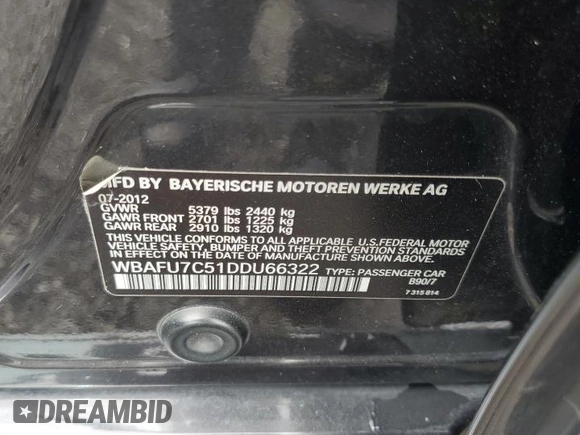 2013 BMW 5 Series 535i xDrive with VIN WBAFU7C51DDU66322, listed as a Copart auction lot 63049375 with 218,168 mi miles and Clean title. Bid and sale history available at DreamBid. Image 12.