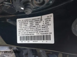2019 Honda Civic Sport with VIN 2HGFC2F83KH567345, listed as a IAAI auction lot 41353597 with 142,857 mi miles and . Bid and sale history available at DreamBid. Image 9.