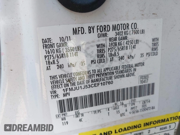 2012 Ford Expedition XLT with VIN 1FMJU1J53CEF10760, listed as a IAAI auction lot 42557609 with 81,996 mi miles and . Bid and sale history available at DreamBid. Image 9.