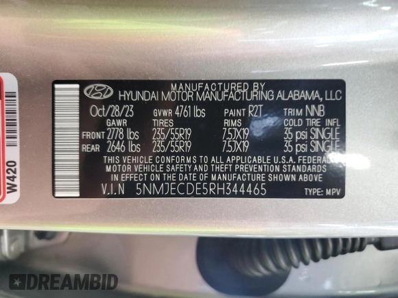2024 Hyundai Tucson Limited with VIN 5NMJECDE5RH344465, listed as a Copart auction lot 56692455 with 9,490 mi miles and Salvage title. Bid and sale history available at DreamBid. Image 13.