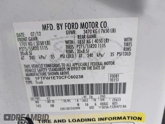 2012 Ford F-150 XL with VIN 1FTFW1ET0CFC60238, listed as a IAAI auction lot 41914729 with 220,764 mi miles. Bid and sale history available at carsss.com. Image 9.