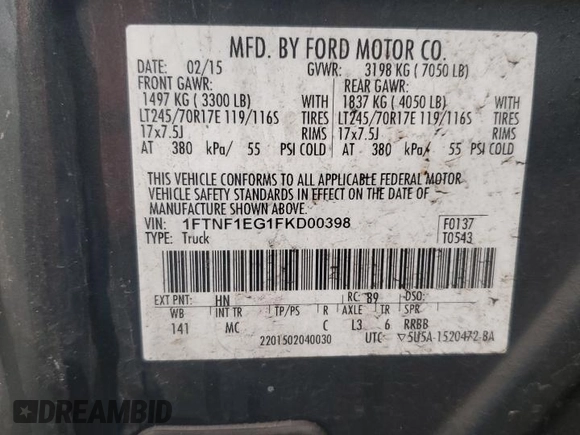 2015 Ford F-150 XL with VIN 1FTNF1EG1FKD00398, listed as a Copart auction lot 72774054 with 164,052 mi miles and Salvage title. Bid and sale history available at DreamBid. Image 12.