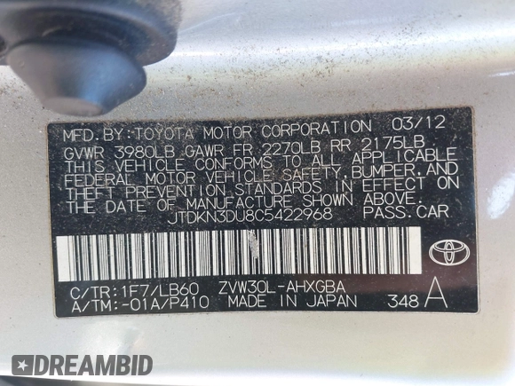 2012 Toyota Prius One with VIN JTDKN3DU8C5422968, listed as a IAAI auction lot 42080548 with 240,308 mi miles. Bid and sale history available at carsss.com. Image 9.