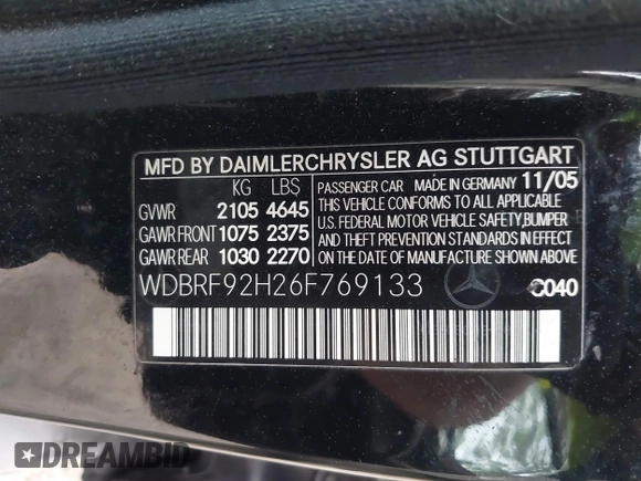 2006 Mercedes-Benz C 280 Luxury with VIN WDBRF92H26F769133, listed as a IAAI auction lot 41956583 with 196,593 mi miles and . Bid and sale history available at DreamBid. Image 9.