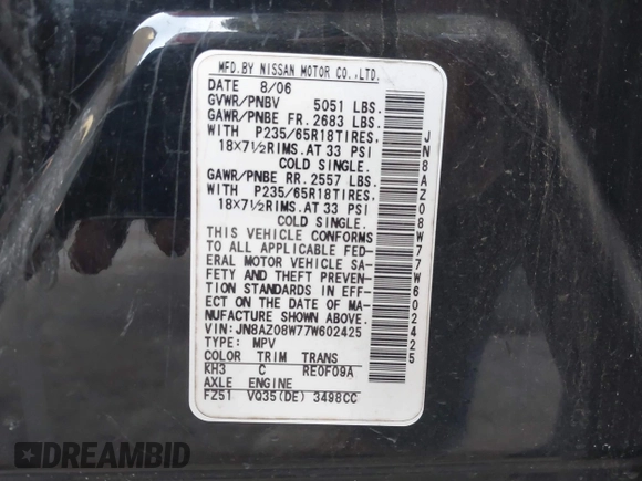 2007 Nissan Murano S with VIN JN8AZ08W77W602425, listed as a IAAI auction lot 41575887 with 136,513 mi miles and . Bid and sale history available at DreamBid. Image 9.