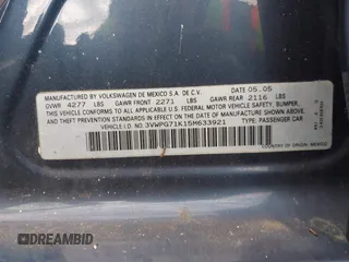 2005 Volkswagen Jetta 2.5 with VIN 3VWPG71K15M633921, listed as a IAAI auction lot 41186775 with 137,915 mi miles and . Bid and sale history available at DreamBid. Image 9.