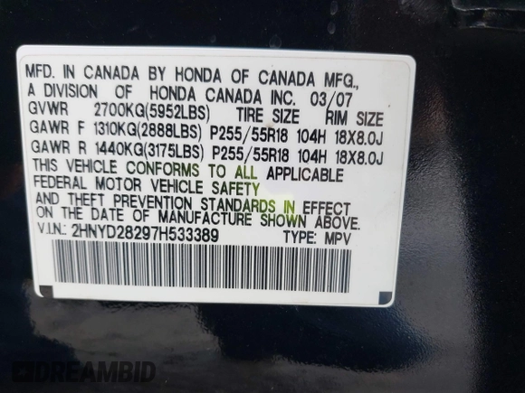 2007 Acura MDX with VIN 2HNYD28297H533389, listed as a IAAI auction lot 41679264 with 219,440 mi miles. Bid and sale history available at carsss.com. Image 9.